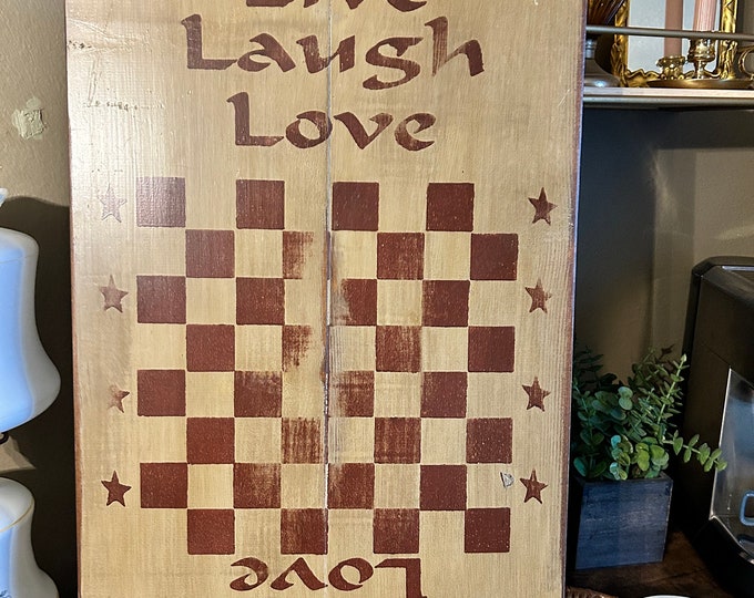 Vintage Primitive Folk Art Checkerboard Hanging. Live Laugh Love. Country Core