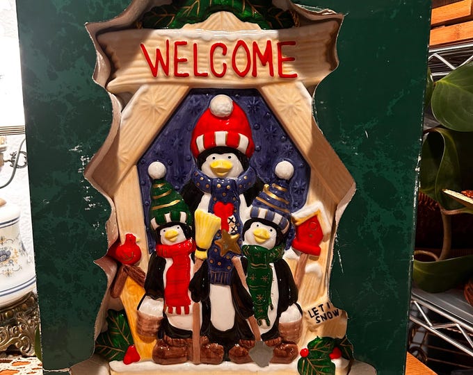 Vintage Trim at Home Christmas Welcome Hanging Ceramic Penguin Sign