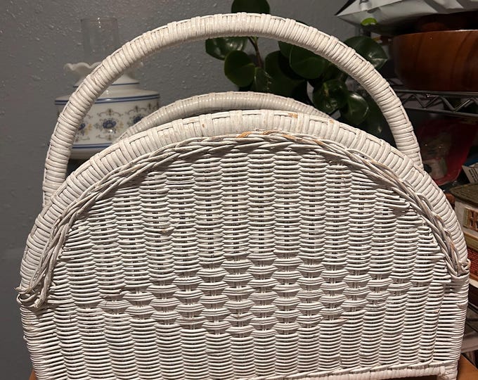 Vintage White Wicker Magazine Basket Rack with Handle. Coastal Core