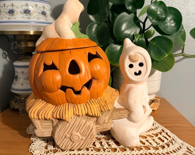 Vintage Halloween Pumpkin Ghost Candle Decoration 1980s 1990s Style Ceramic