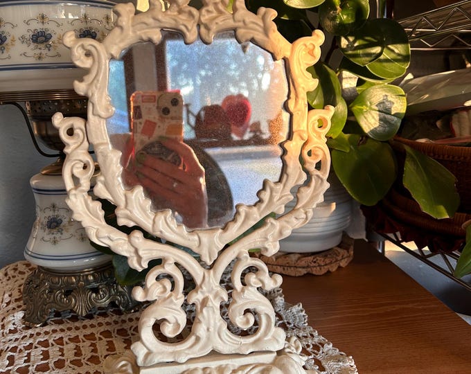 Vintage Cast Iron Vanity Mirror | Victorian French Country Tabletop Decor