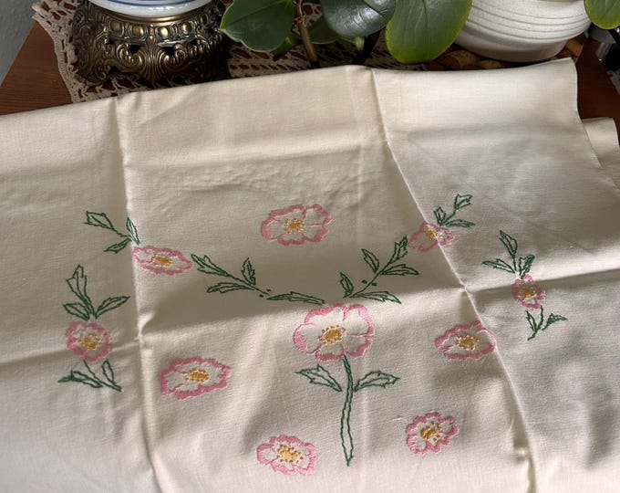 Vintage Pair of Hand Embroidered Floral Pillowcase Elaborate Crochet Edge