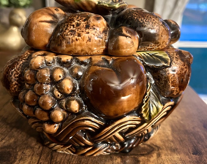 Unique Inarco Japan vintage ceramic fruit decor container, glossy brown. MCM Art