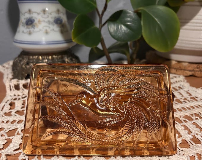 Vintage Indiana Glass Tiara Glass Amber Trinket Box W/ Bird Of Paradise