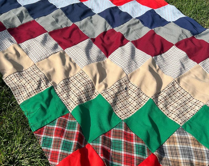 Vintage 1970s Handmade Patchwork Quilt Polyester Material. Retro Vibe