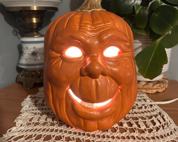 Vintage Lighted Ceramic Jack O Lantern Pumpkin Halloween Decor Lamp