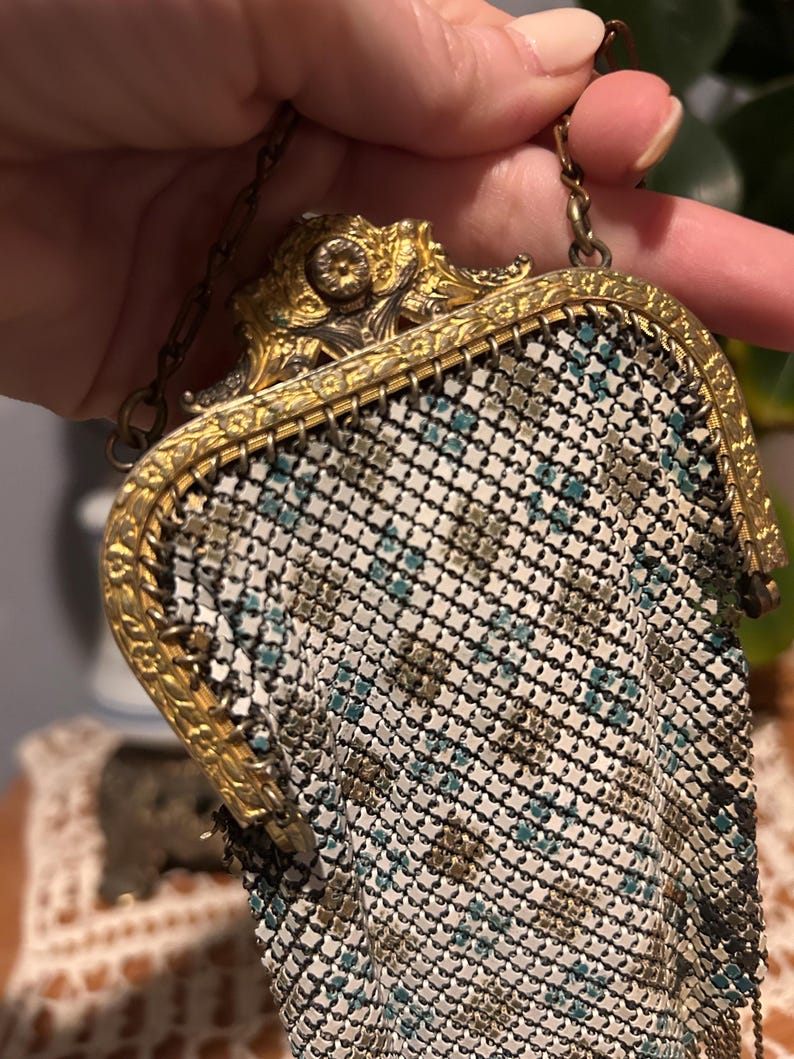 Antique Mandalian Enamel Painted Mesh Art Deco Purse With Liner. 1920s Flapper Style image 15