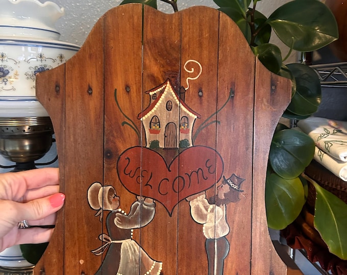 Vintage Hand Painted Wooden Welcome Wall Plaque Folk Art Country Cottage Decor
