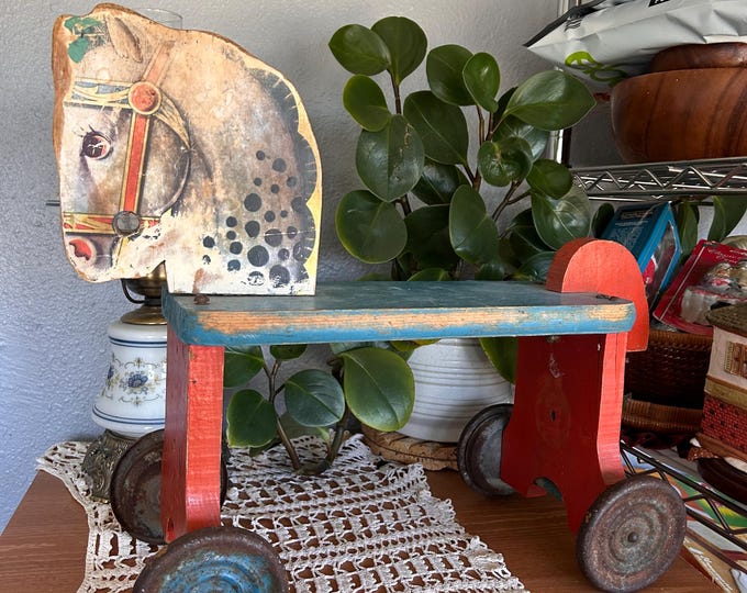 Antique Gong Bell Riding Horse Toy 1930s Wooden Childs Push Toy Vintage