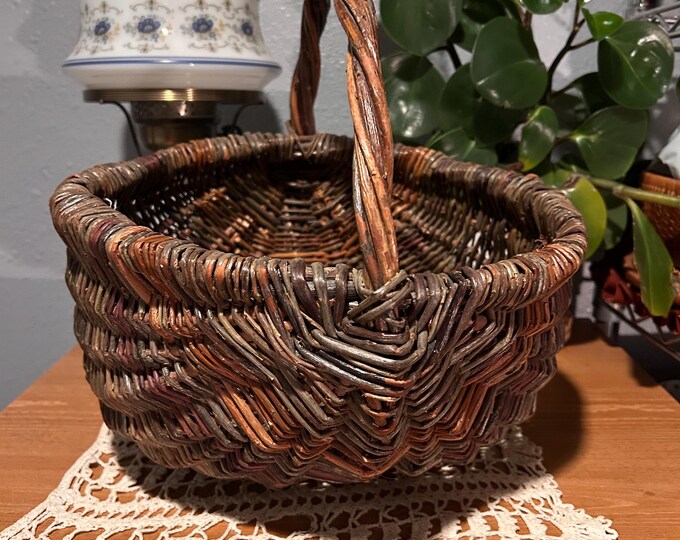 Vintage 1900s Rustic Multicolored “Buttocks” Rattan Wicker Basket.