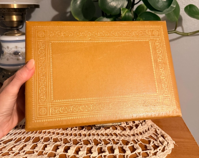Vintage Tiered Jewelry Box Hinged Trays Tooled Faux Leather Velvet Mid Century