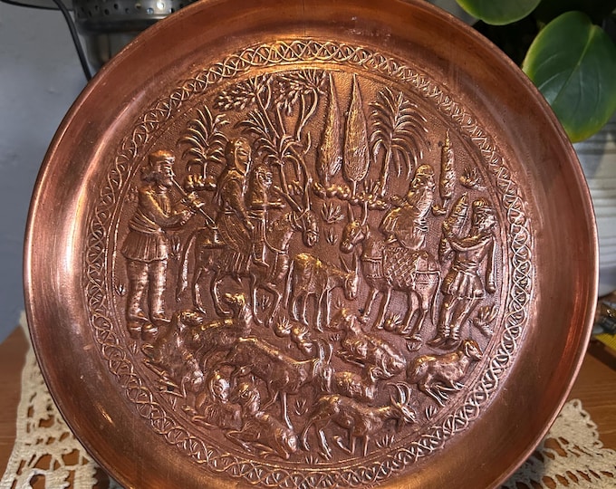 Vintage Middle Eastern Copper Plate | Hand Hammered Repoussé Caravan Scene Tray