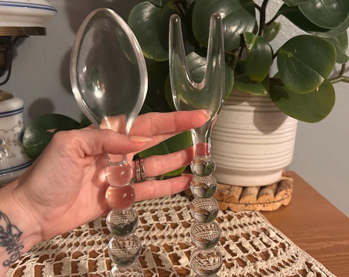 Vintage Imperial Glass Co. Candlewick Clear Salad Fork & Spoon Servers Heavy Set