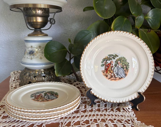 Vintage Harker Pottery Plates | Courting Couple Dessert Set with 22KT Gold Trim