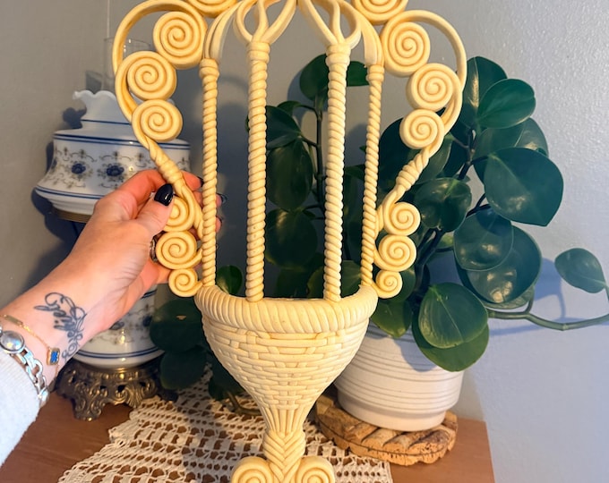 Vintage 1972 Burwood #1628 Ornate Wall Pocket Basket Faux Wicker Scrollwork