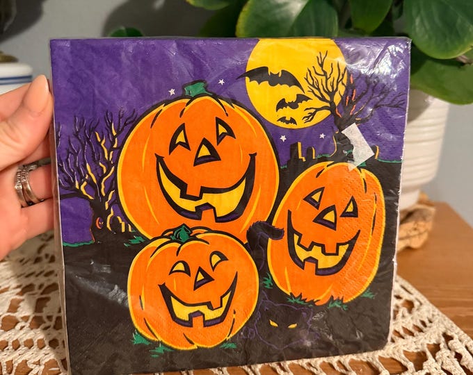 Vintage 1996 Halloween Napkins NOS Sealed Jack O Lantern Pumpkins Bats 20 Ct