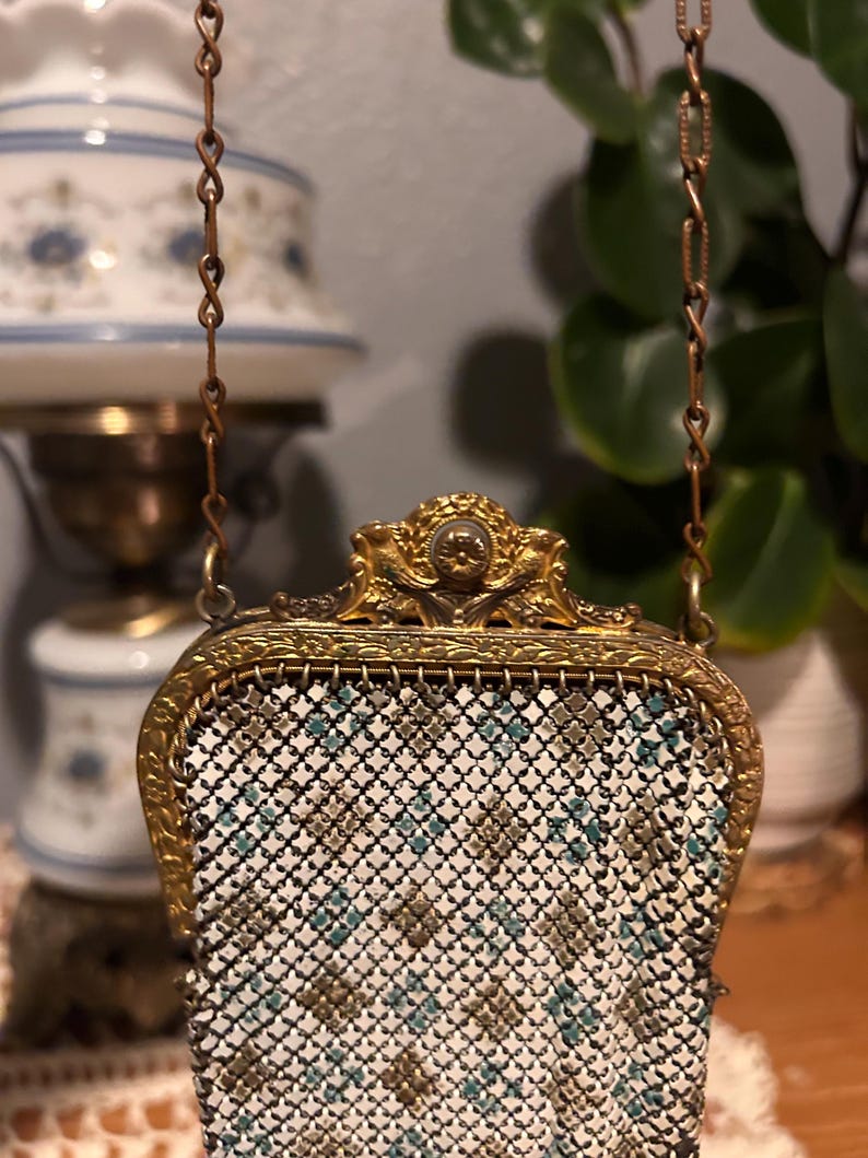 Antique Mandalian Enamel Painted Mesh Art Deco Purse With Liner. 1920s Flapper Style image 7