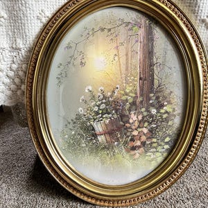 Vintage Homco Still Life Basket of Wild Flowers Oval Gold Frame. 1982