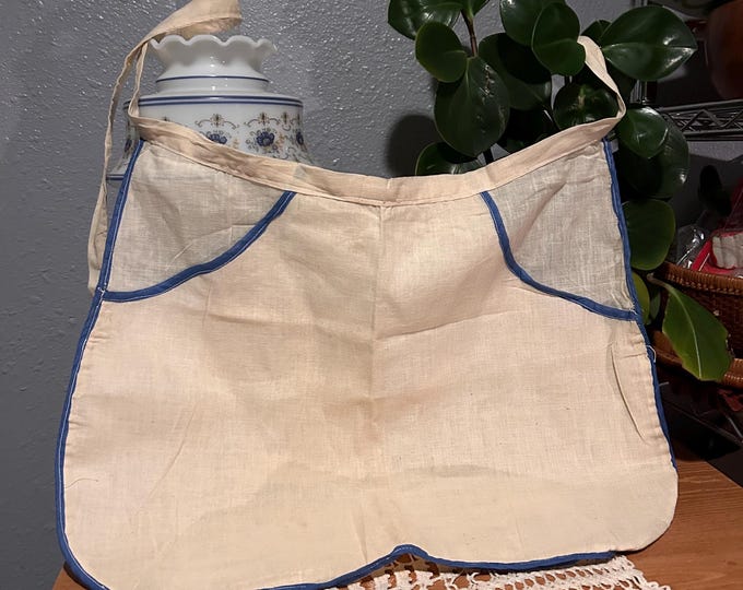 Vintage Linen Apron With Blue Trim And Pockets. Standard Size
