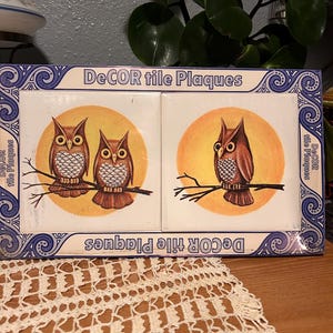 Könnte beinhalten: Dekorative Fliesenplatten mit Eulenillustrationen. Die Fliesen zeigen Eulen auf Ästen vor einem gelben kreisförmigen Hintergrund. Auf der Box steht "DeCOR tile Plaques" mit einem blau-weißen Zierrand.