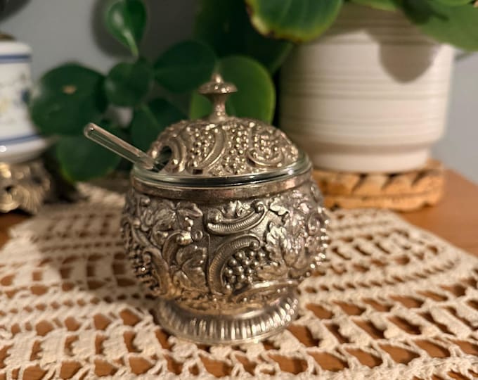 Vintage Raimond Japan Silver Plate Mustard Pot Jam Jar Lid And Spoon Glass Pot
