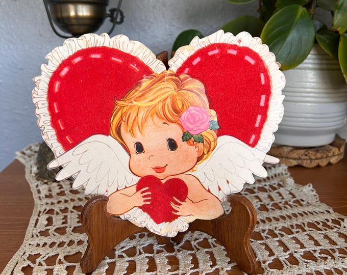 Vintage 1980s Flocked Hanging Valentine. Cherub And Heart. Two Sided.