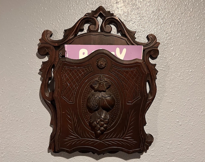 Antique Black Forest Walnut Magazine Rack, Carved Fruit Motif, Victorian Letter Holder