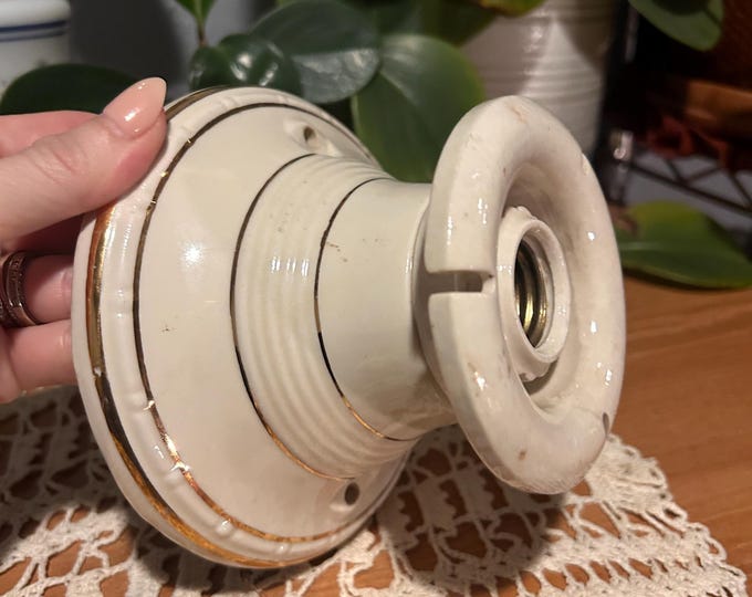 Vintage White Porcelain Light Fixture with Gold Trim | Antique Flush Mount Light | Architectural Salvage