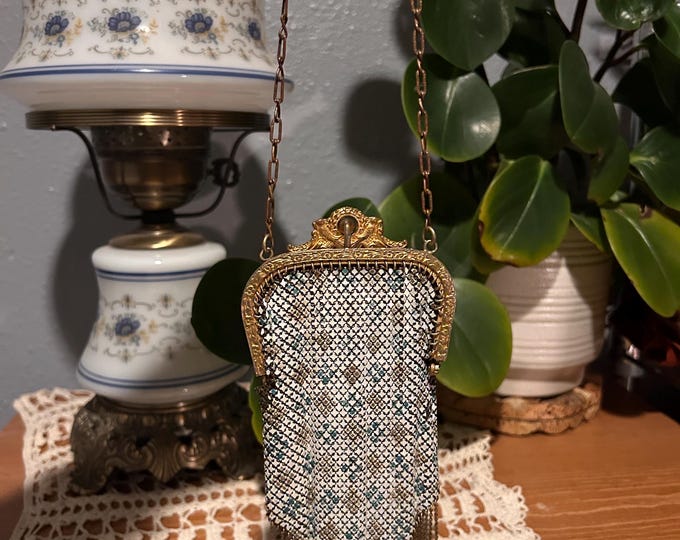Antique Mandalian Enamel Painted Mesh Art Deco Purse With Liner. 1920s Flapper Style
