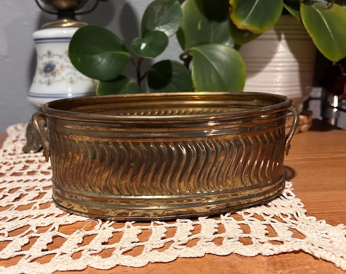 Vintage Brass Oval Planter: Aged Patina Cache Pot, Made in India, Boho Decor