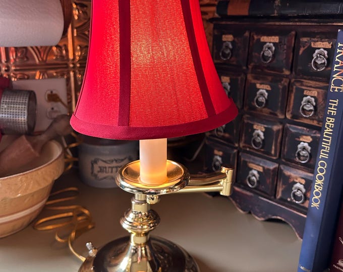 Vintage Brass Swing Arm Desk Lamp Colonial Williamsburg Style Red Shade