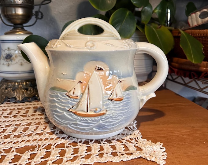 Vintage Porcelier Teapot: Nautical Sailing Ship Design, Coastal Cottage Decor