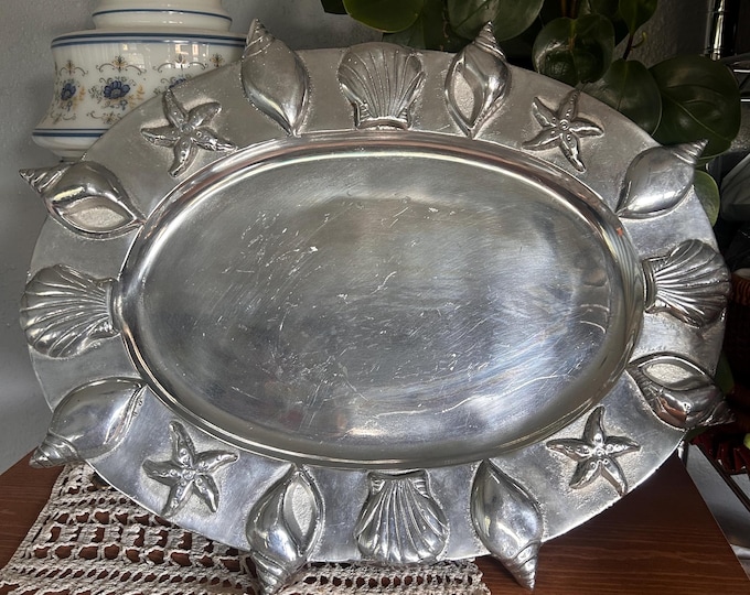 Vintage Aluminum Seashell Starfish Serving Platter Coastal Nautical Tray