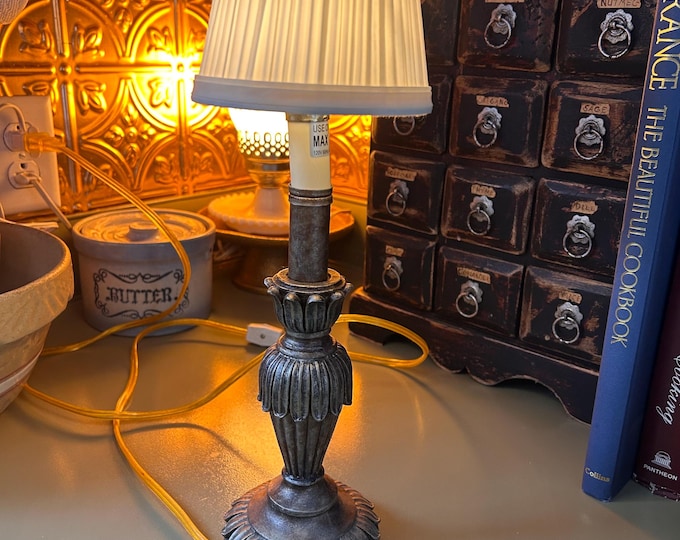 Vintage Brass Art Nouveau Style Accent Lamp With Pleated Shade. Marked BI on the bottom.