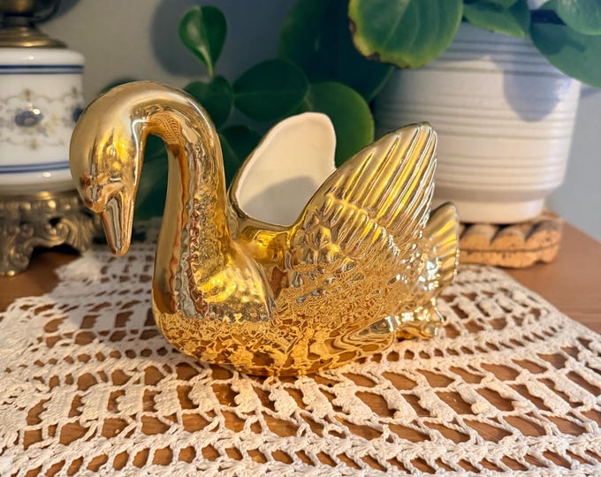 Vintage Hand Painted Gold Swan Trinket Dish Warranted 22K Gold USA Ceramic
