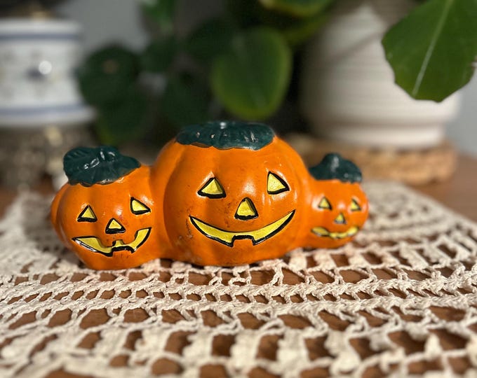 Vintage 1994 Hermitage Pottery Triple Jack-O’-Lantern Taper Candle Holder | Halloween Centerpiece