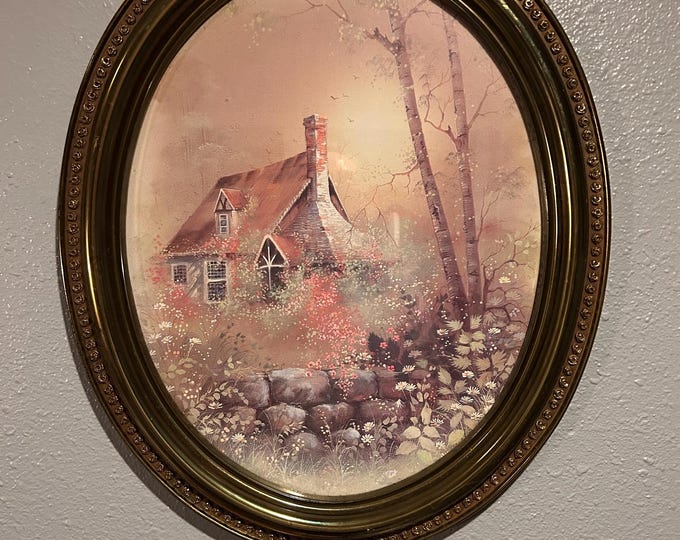 Vintage Homco Large Cottage And Floral Print Framed In Gold.  Autumn Scene