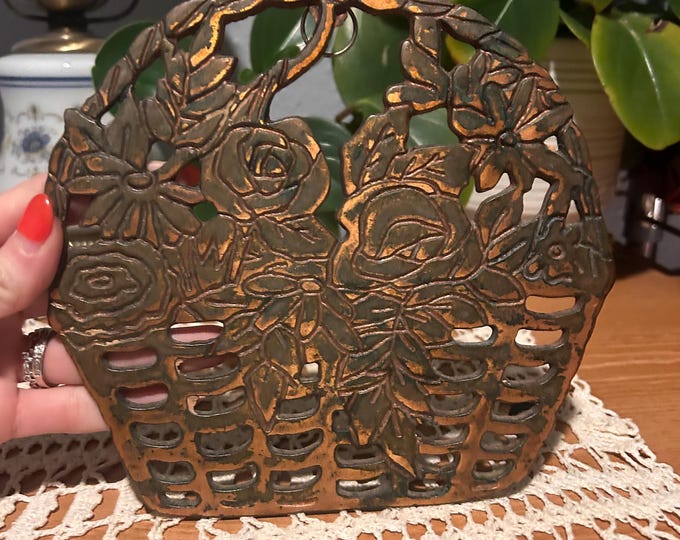Vintage Copper Brushed Cast Iron Flower Basket Trivet