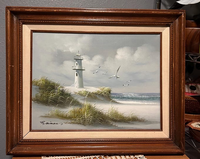 Vintage Lighthouse Seascape Oil Painting on Canvas – Coastal Scene, Framed