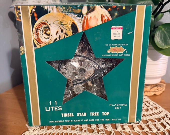 Vintage NOEL 11 Light Flashing Tinsel Star Christmas Tree Topper in Original Box, Retro Holiday Decor, Pamida Price Tag