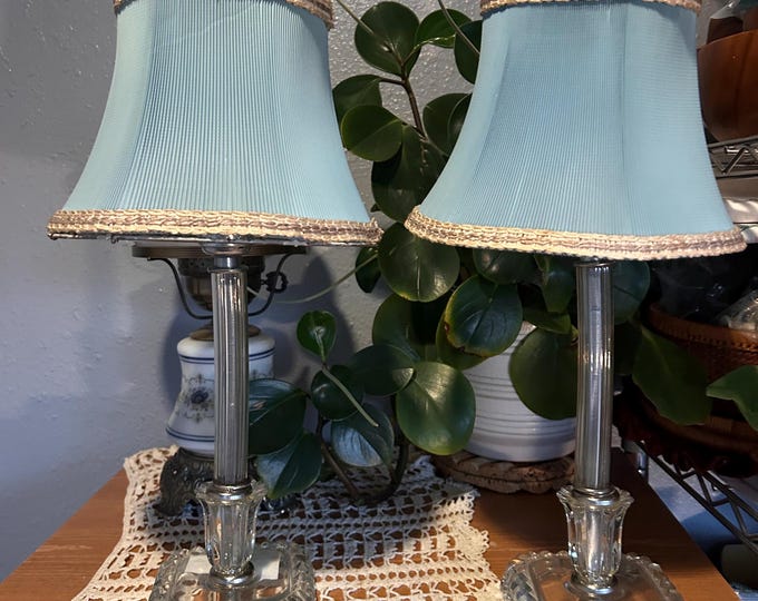 Vintage 1940 Glass Boudoir Lamp Pair Blue Shade Wedding Gift Provenance Please read!
