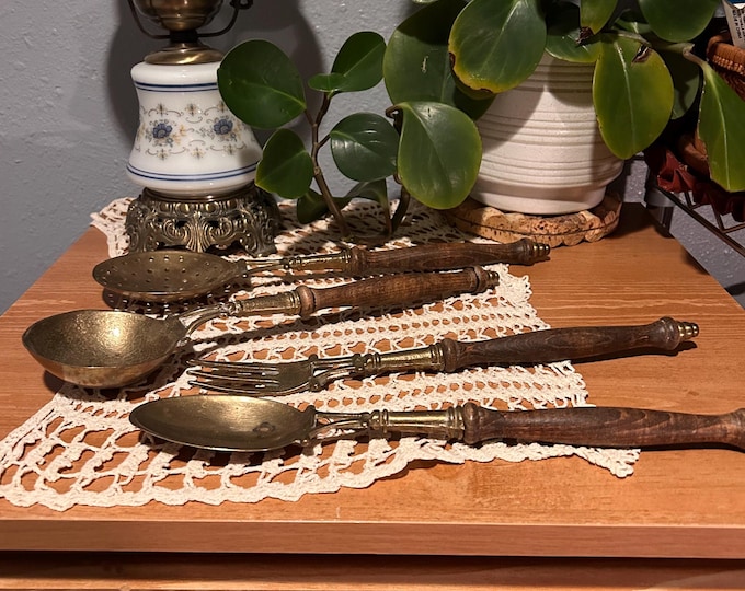 Antique Brass And Wood Four Piece Accessory Set Made In France 1920-1930s