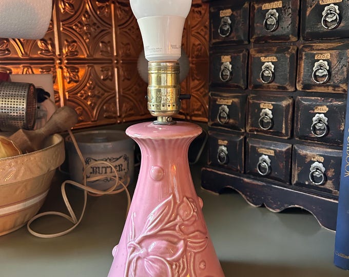 Pink Ceramic Floral Lamp Base | Embossed Cottagecore Bedside Accent Lighting