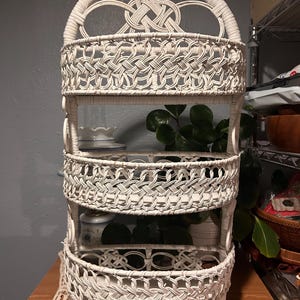 Vintage White Wicker 3 Tier Hanging Wall Shelf. Detailed Design. Coastal Core