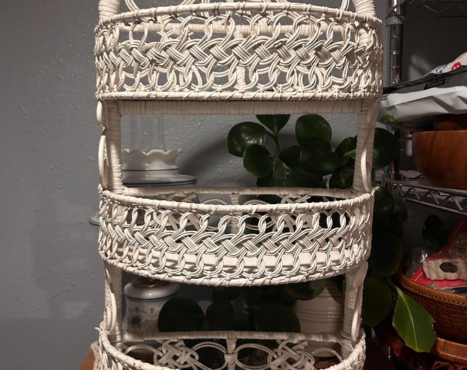 Vintage White Wicker 3 Tier Hanging Wall Shelf. Detailed Design. Coastal Core