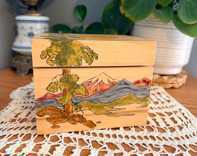 Vintage Wildwood Designs Wooden Recipe Box Hand Painted Rocky Mountain Scene Colorado Recipe Cards Dividers