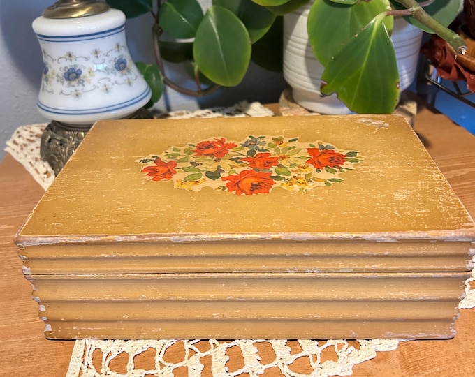 Vintage Pilliod Art Wooden Jewelry Dresser Box Lined With Mirror. Flower Motif