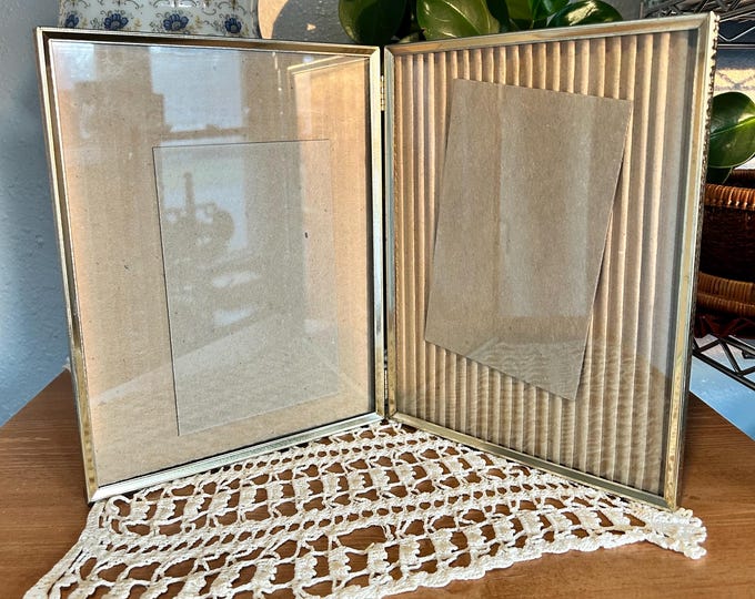 Vintage MCM Ornate Gold Tone Metal Bi-Fold Double 8x10 Hinged Picture Frame