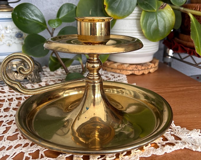 Vintage Large Brass Candle Holder With Loop Handle And Drip Base. Cottage Feel