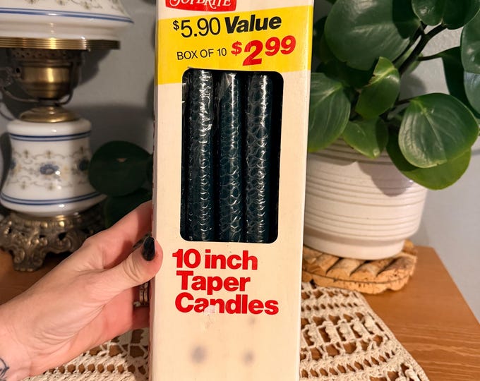 Vintage JoyBrite 10” Taper Candles 10 NOS Dark Green Swirl Original Box Macau